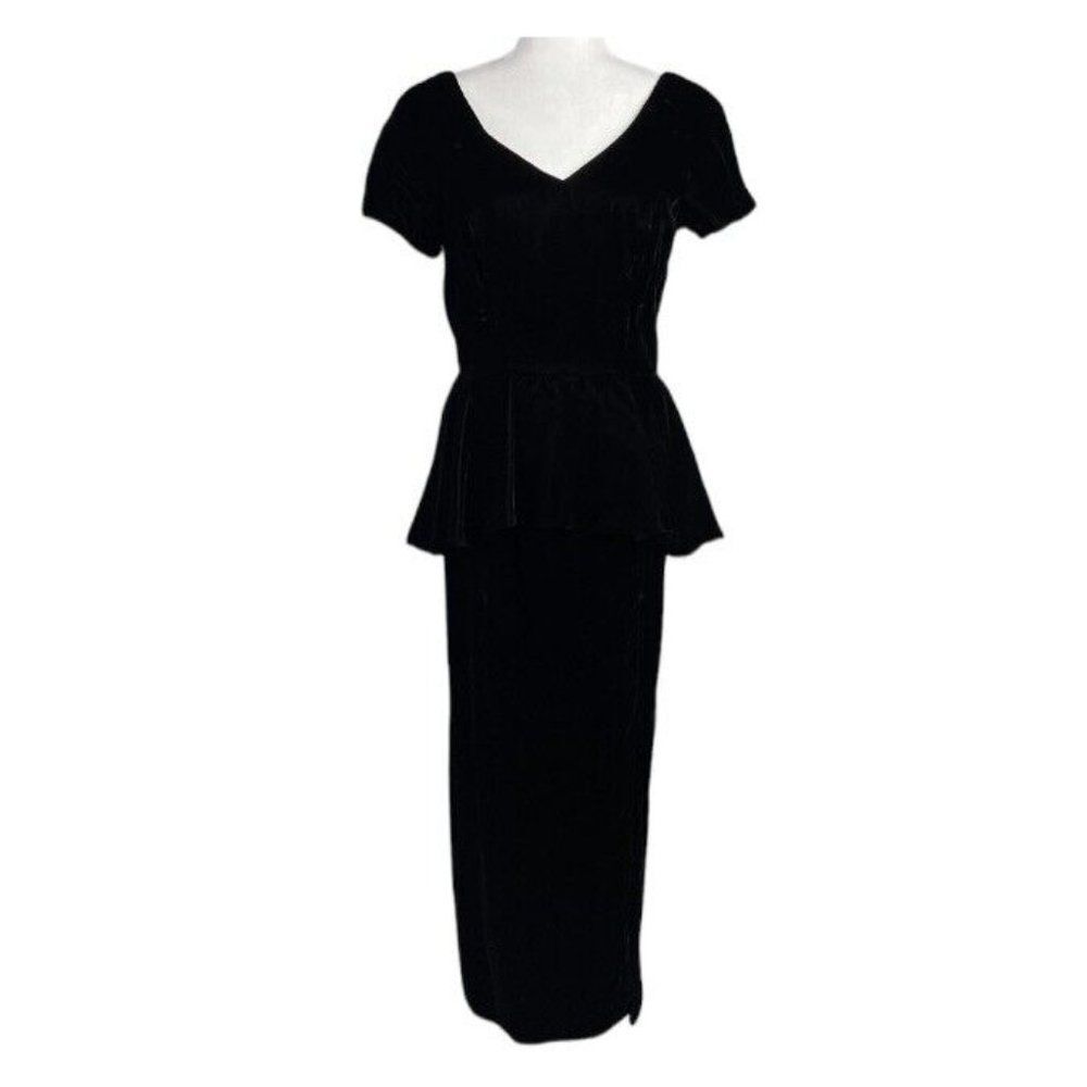 Vintage 80s Lady black velvet long sleeve peplum dress Side Slit Size 12